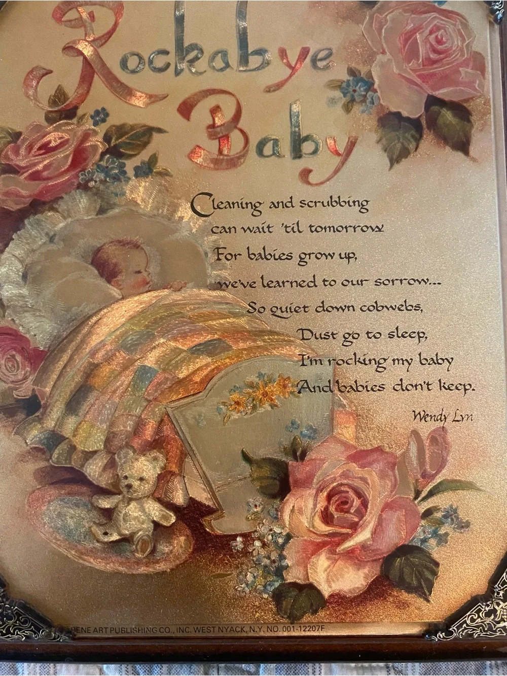 Vintage 80s Nursery/Baby Decor Shimmering Rockabye Baby Wood Plaque with Poem